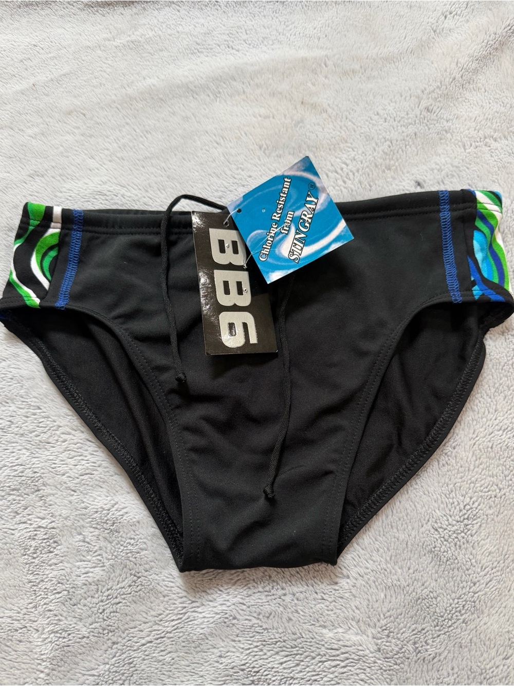 BB6 Men's Size 32 Black Swim Brief Green & Blue Accent Brand New Tags